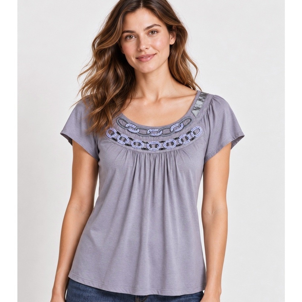 Banana Republic Womens Top Small Grey Blue Beaded Embellished Career Casual